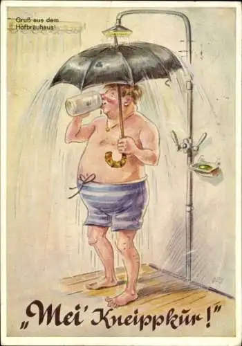 Künstler Ak Mei Kneippkur, Betrunkener mit Regenschirm unter der Dusche, Lengauer Karte
