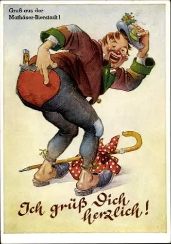 Künstler Ak ich grüße Dich herzlich, Oktoberfest, Mathäser Bierstadt, Mann mit geflickter Hose