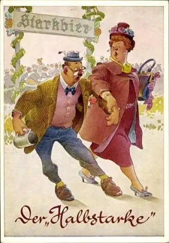 Künstler Ak München, Der Halbstarke, Frau holt Mann vom Oktoberfest ab, Bierkrug, Starkbier