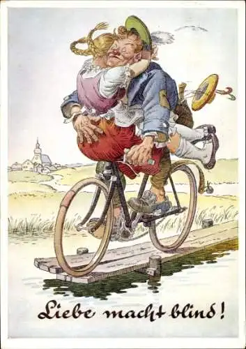 Künstler Ak Liebe macht blind, Liebespaar auf einem Fahrrad, Steg ins Wasser