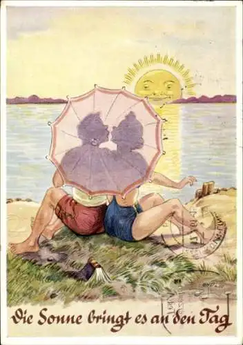 Künstler Ak Die Sonne bringt es an den Tag, Liebespaar am Strand