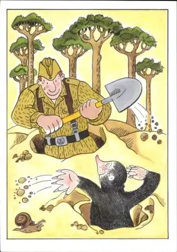 Künstler Ak Deutscher Soldat mit Schaufel, Maulwurf