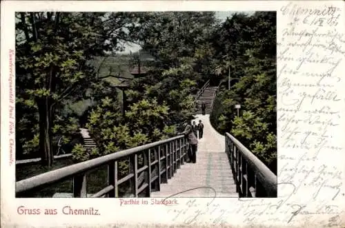 Ak Chemnitz, Partie am Stadtpark, Brücke, Passanten