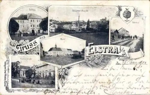 Ak Elstra in der Oberlausitz Sachsen, Gesamtansicht, Schloss, Bahnhof, Markt, Schule
