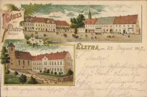 Litho Elstra in der Oberlausitz Sachsen, Marktplatz
