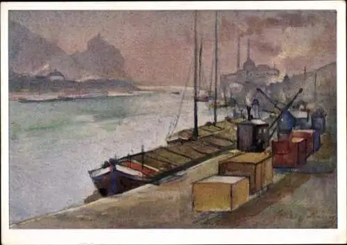 Künstler Ak Lang, Willy, Ústí nad Labem Aussig Elbe Stadt, Elbschiffe
