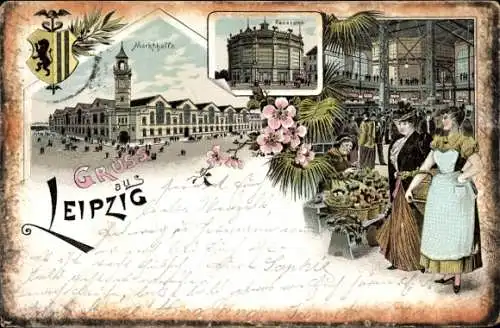Ak Leipzig, Markthalle, Panorama, Blumen, Frauen in r Kleidung