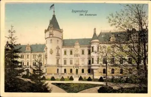 Ak Regensburg an der Donau Oberpfalz, Schloss Skt. Emmeram, s Gebäude, Parklandschaft