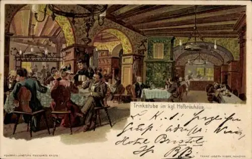 Ak München, Englischer Garten, Kleinhesseloher See, Trinkstube im kgl. Hofbräuhaus, Gastraum mit 