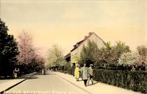 Ak Berlin Neukölln Britz, Bäume in Blüte, Straße mit Häusern, Spaziergänger, blühende Landschaft