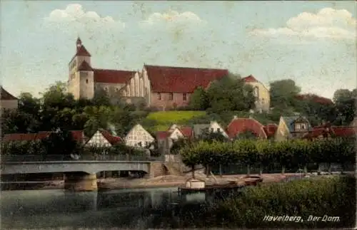 Ak Havelberg in Sachsen Anhalt, Dom,  Häuser am Fluss, Brücke, farbige 