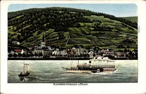 Ak Assmannshausen Rüdesheim am Rhein, Ansicht von Assmannshausen am Rhein, Weinberge, Dampfer, Ha