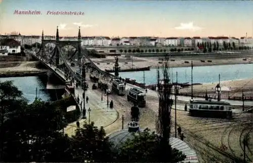 Ak Mannheim in Baden, Friedrichsbrücke, Straßenbahnen, Fluss, Stadtansicht,  