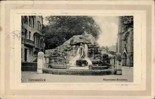 Ak Osnabrück in Niedersachsen, Haarmann-Brunnen, Stadtansicht,  Architektur, Schwarz-Weiß-Fotogra