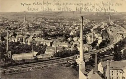 Ak Roßwein in Sachsen, Luftaufnahme von  viele Häuser, Schornsteine, Industrieanlagen