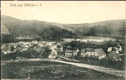 Ak Schönau Leipzig in Sachsen, Historische Landschaft, Häuseransicht, Gruß aus Schönau b. 5.
