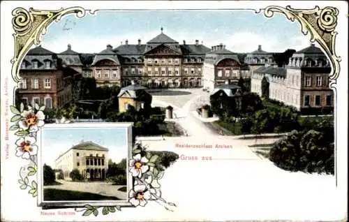 Ak Bad Arolsen in Hessen, Neues Schloss, Residenzschloss  farbige Darstellung, Blumendekor