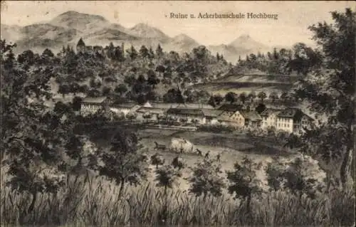 Ak Hochburg Ach in Oberösterreich, Landschaft mit Ruine, Ackerbauschule, Berge im Hintergrund, hü