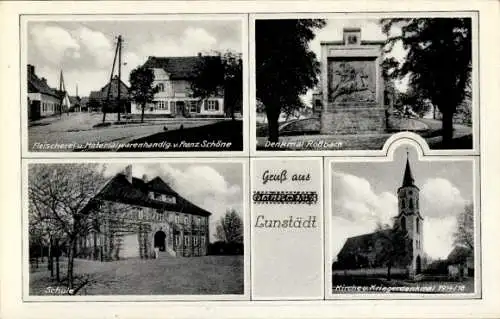Ak Lunstädt Braunsbedra im Saalekreis, Fleischerei, Denkmal Roßbach, Schule, Kirche, Kriegerdenkm