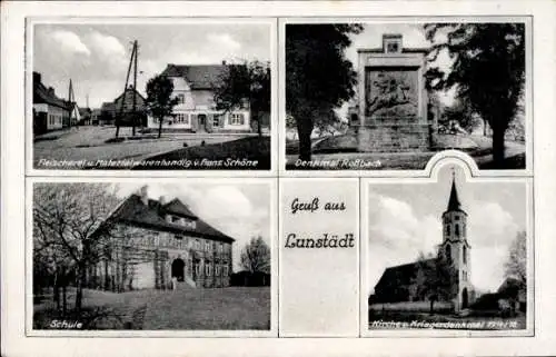 Ak Lunstädt Braunsbedra im Saalekreis, Fleischerei Franz Schöne, Denkmal, Schule, Kirche