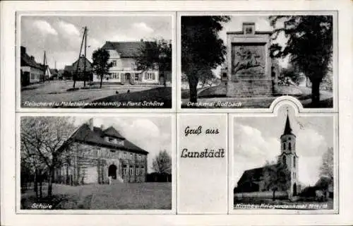 Ak Lunstädt Braunsbedra im Saalekreis, Fleischerei, Denkmal Roßbach, Schule, Kirche Kriegerdenkma