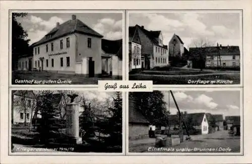 Ak Leiha Roßbach Braunsbedra, Gasthof Zur guten Quelle, Dorflage, Kirche, Kriegerdenkmal