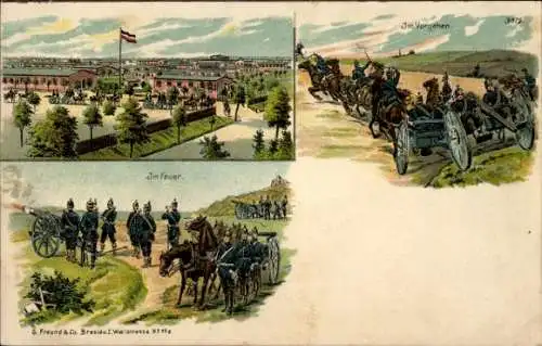 Litho Deutsches Geschütz im Vorgehen, Soldaten im Feuer, Truppenlager, Baracken