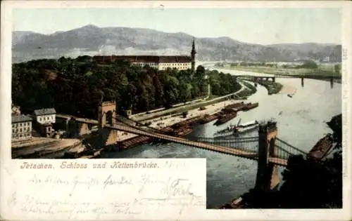 Ak Děčín Tetschen an der Elbe Region Aussig, Schloss und Kettenbrücke