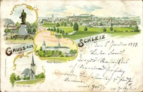 Ak Schleiz im Vogtland Thüringen, Kaiser Wilhelm-Denkmal, Schloss, Berg Kirche, Gruss aus Schleiz