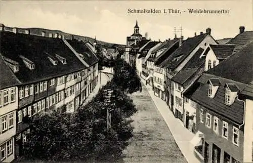 Ak Schmalkalden im Thüringer Wald, Stadtansicht, Weidebrunnertor, Fachwerkhäuser, Kirche
