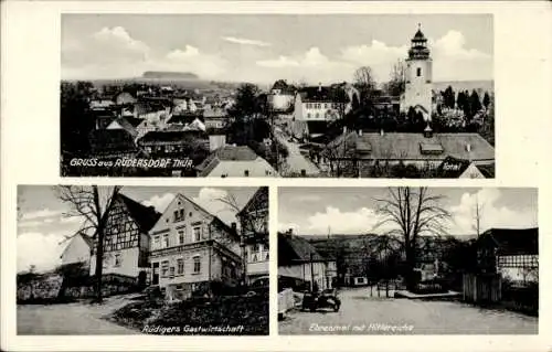 Ak Rüdersdorf Kraftsdorf in Thüringen, Ansicht der Stadt, Rüdigers Gastwirtschaft, Ehrenmal mit H