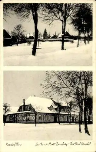 Ak Neudorf Harzgerode am Harz , Schneelandschaft, Gasthaus Stadt Bernburg, Bäume, Winter