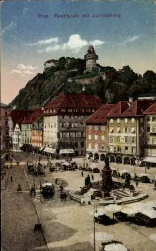 Ak Graz Steiermark, Hauptplatz, Schlossberg,  Gebäude, bunte Fassaden, Straßenbahn