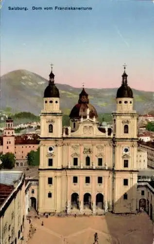 Ak Salzburg in Österreich, Dom vom Franziskanerturm, Berge im Hintergrund, nstil