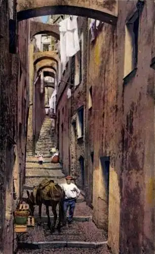 Ak San Remo Ligurien, Altstadtgasse mit Treppen, Wäsche auf der Leine, Esel, Menschen