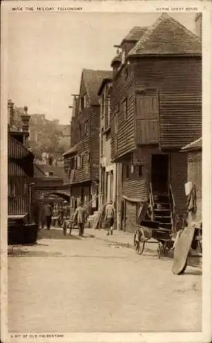 Ak Folkestone Kent England, Altstadtansicht, alte Holzhäuser, Straße, Menschen, Karren