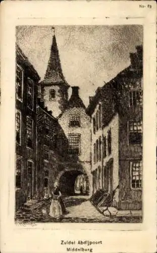 Ak Middelburg Zeeland Niederlande, Zeichnung des Zuidel Abdijpoort, Stadtansicht,  Architektur