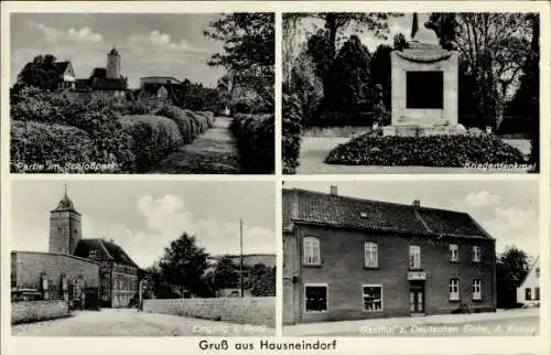 Ak Hausneindorf Selke Aue im Harz, Schlosspark, Kriegerdenkmal, Eingang zur Burg, Gasthof zur deu
