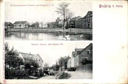 Ak Greiz im Vogtland Thüringen, Fotos von Herrmannsgrüner Straße, Greizer Straße, Schule I, II, I