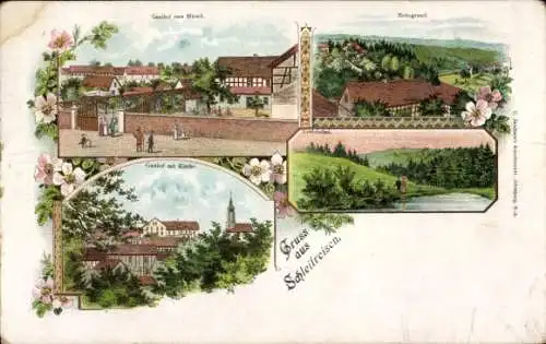 Litho Schleifreisen in Thüringen, Gasthof zum Hirsch, Kirche