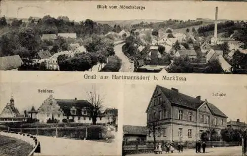 Ak Hartmannsdorf Reichenau im Erzgebirge, Panorama von Mönchsberge, Schloss, Schule, Gruß aus Har