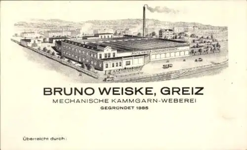 Ak Greiz im Vogtland Thüringen, Bruno Weiske, Mechanische Kammgarn-Weberei, gegründet 1885, Detai