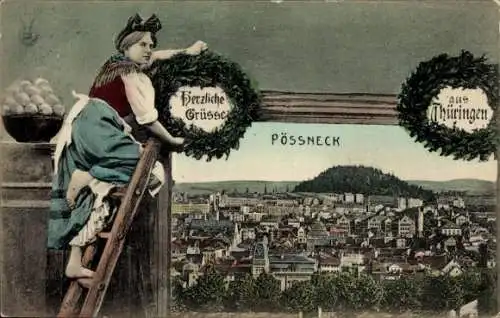 Ak Pößneck in Thüringen, Junge mit Leiter, Stadtansicht, Kränze, Grüße aus  Thüringen