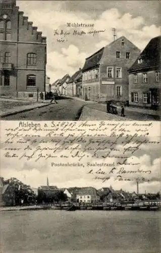Ak Alsleben an der Saale, Mühlstraße, Pontonbrücke, Saalestrand,  Architektur