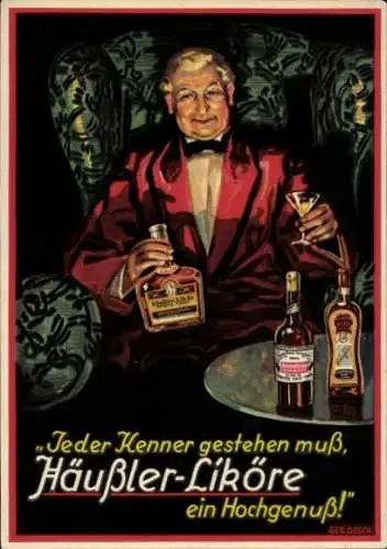 Ak Häußler Liköre, Mann in Sessel, Likörfabrik, Curacao, Brandy, Gebrüder Häußler, Gera