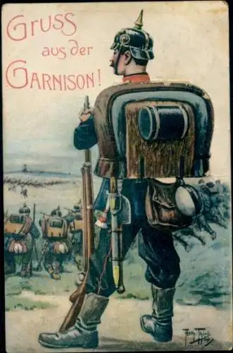 Künstler Ak Thiele, A., Garnison, Deutscher Soldat, Pickelhaube, Rucksack