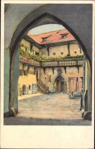 Ak Eger Erlau Ungarn, Malerei des Stadthaushofs, Innenhof, architektonische Details, Treppe