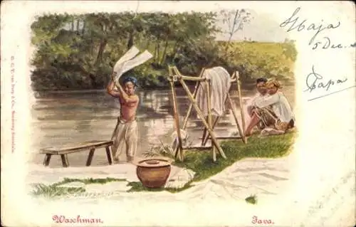 Künstler Ak Java Indonesien, Wäscher am Flussufer