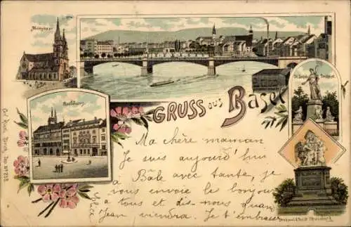 Litho Basel Stadt Schweiz, Münster, Rathaus, Denkmal, Brücke
