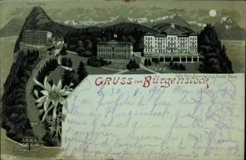 Mondschein Litho Bürgenstock Kanton Nidwalden, Teilansicht, Hotel
